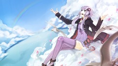 Clouds Birds dress sitting stockings jackets smiling long hair 