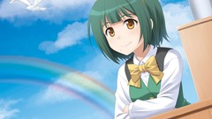 Clouds Birds Ribbons anime girls brown eyes rainbows short hair 