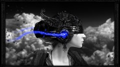 Clouds black and white woman blue light crying