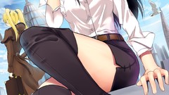 Clouds blondes seagulls anime girls boots black hair twintails 