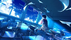 Clouds Books Anime windmills classroom school uniforms Paper 