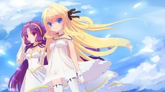 Clouds cross dress Jewelry blondes long hair blue eyes skies 