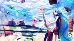 Clouds cubes Books chairs headphones glasses Library sitting 