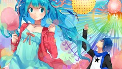 Clouds dress Balloons Ribbons buildings scarfs blue hair long 