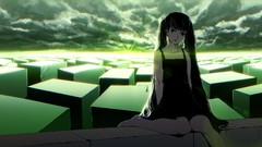 Clouds dress boxes sitting long hair barefoot green eyes 