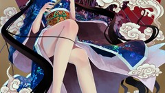 Clouds feet dress Umbrellas legs blush long hair barefoot anime 