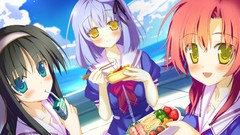 Clouds food blush long hair anime girls short hair yellow eyes 