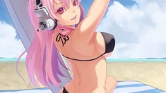 Clouds headphones red eyes Beaches pink hair anime girls 