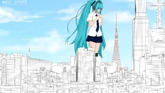Clouds headphones tie shirts skirts cities long hair hatsune 