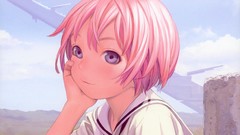 Clouds hills faces schoolgirls outdoors pink hair anime girls 