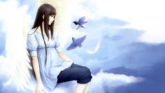 Clouds light Birds wings angels long hair anime girls brunettes 