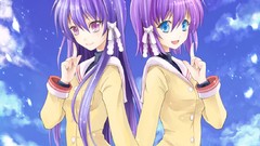 Clouds ocean Clannad happy stockings long hair anime girls blue 