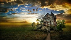 Clouds old House old house paths buildings skies minimalistic 