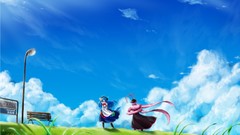Clouds outdoors blue hair long hair anime girls short hair 