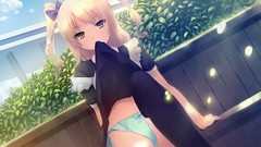 Clouds Plants dress sitting bows outdoors blondes long hair 