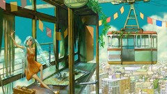 Clouds Plants dress sitting buildings long hair gray eyes 