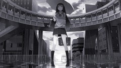 Clouds rain Umbrellas puddles Bags monochrome skirts long hair 