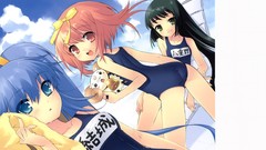 Clouds Ribbons blush blue hair pink hair long hair pink eyes 