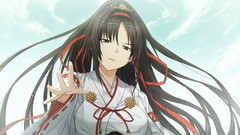 Clouds Ribbons long hair anime girls brown eyes ponytails black 