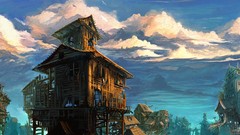 Clouds ruins abandoned buildings cities artwork fantasy art 