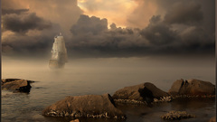 Clouds ships rocks fog