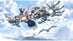 Clouds sky pink hair long hair brown eyes mechagirl