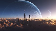 Clouds Skyscrapers planets flying cars