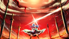 Clouds weapons Katana dress red eyes Swords blue hair long hair 