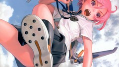 Clouds weapons Ribbons schoolgirls skirts pink hair anime girls 