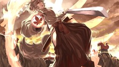 Clouds weapons white hair red eyes Swords anime girls short 