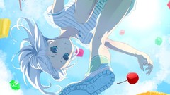 Clouds white hair fruits eating anime girls blue eyes striped 