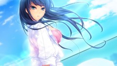 Clouds wind long hair anime girls blue eyes black hair game cg 