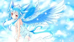Clouds wings Anime dress red eyes blue hair short hair animal 