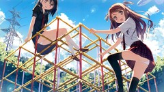 Clouds Zeppelin tie anime girls school uniforms playground 