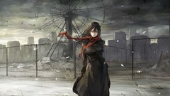 Coat fences buildings smoking outdoors scarfs long hair anime 