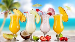 Coconut glasses cherries drinks strawberries lemons pineapples 