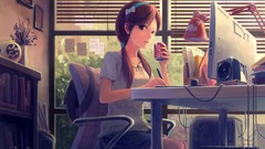 Coffee Monitor skirts long hair anime girls brown eyes 