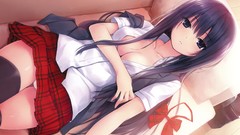 Coffee skirts couch long hair school uniforms black hair purple 