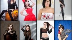 Collage woman chairs stomach red dress fans asians brunettes 