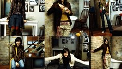 Collage woman jeans Celebrity sitting Actress asians smiling 