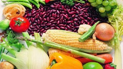 Corn grapes vegetables tomatoes carrots strawberries fruits 