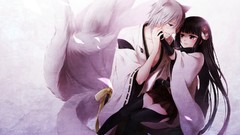 Couple white hair gloves bows skirts hugging long hair anime 