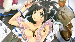 Cream kitchen tongue anime girls black hair cleavage boobs 