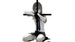 Cross white background red eyes gloves skirts long hair anime 