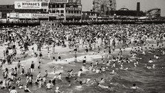 Crowd Beaches new york city grayscale ferris wheels Coney Island