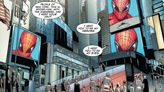 Crowd Spider-Man comics buildings message television 