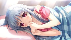 Cube blanket beds blush blue hair long hair anime girls game cg 