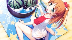 Cube wet watermelons clothes anime girls green eyes brunettes 