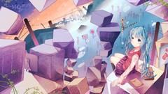 Cubes sitting schoolgirls skirts blue hair long hair anime 