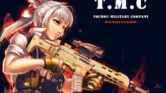 Dark text weapons Guns ammunition white hair red eyes gloves 